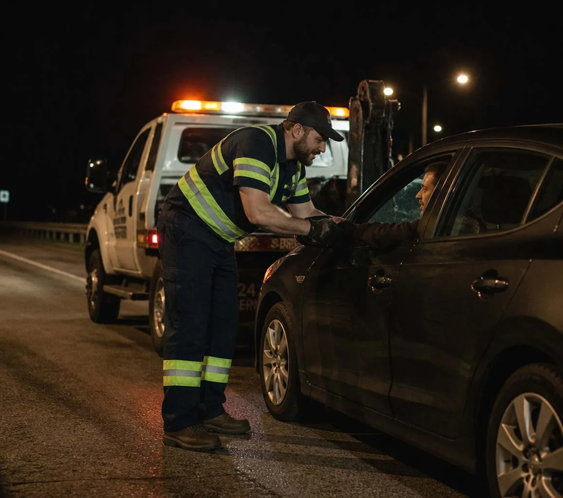 Out of Gas in West Volusia? What to Do Next Tow operator helping a stranded driver at night near De Leon Springs after running out of gas