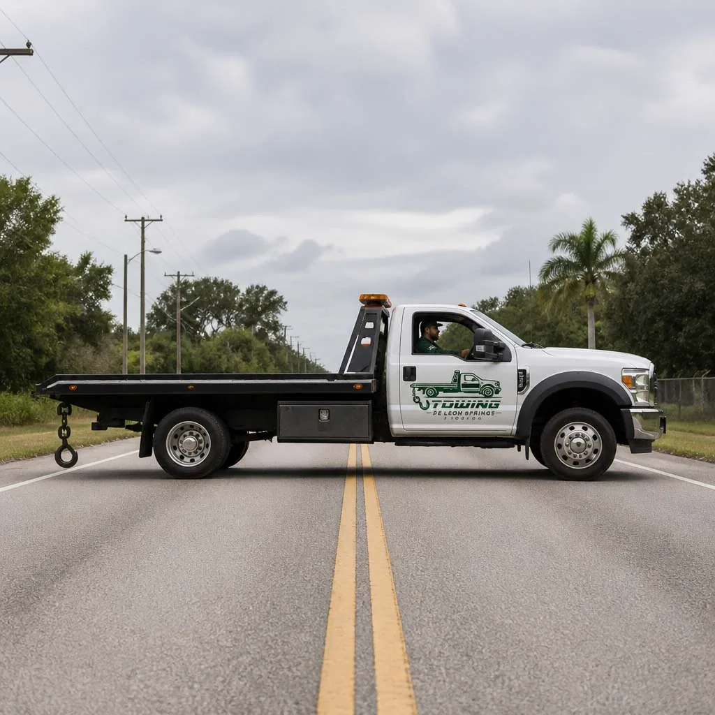 How to Choose a Towing Company in Florida Flatbed tow truck from a De Leon Springs towing company on a west Volusia road