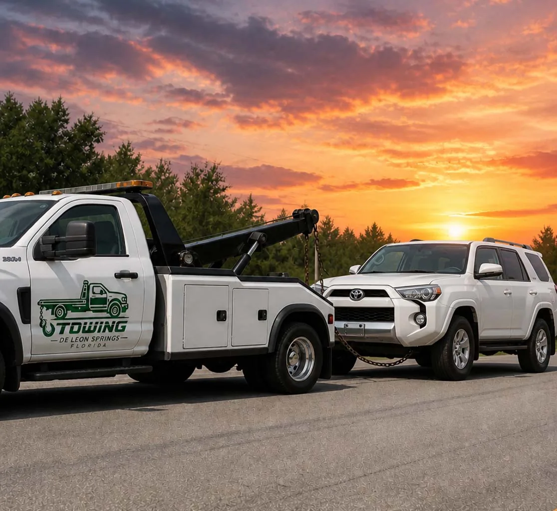 Medium-Duty Towing in De Leon Springs, FL Medium-duty tow truck with a work van near De Leon Springs