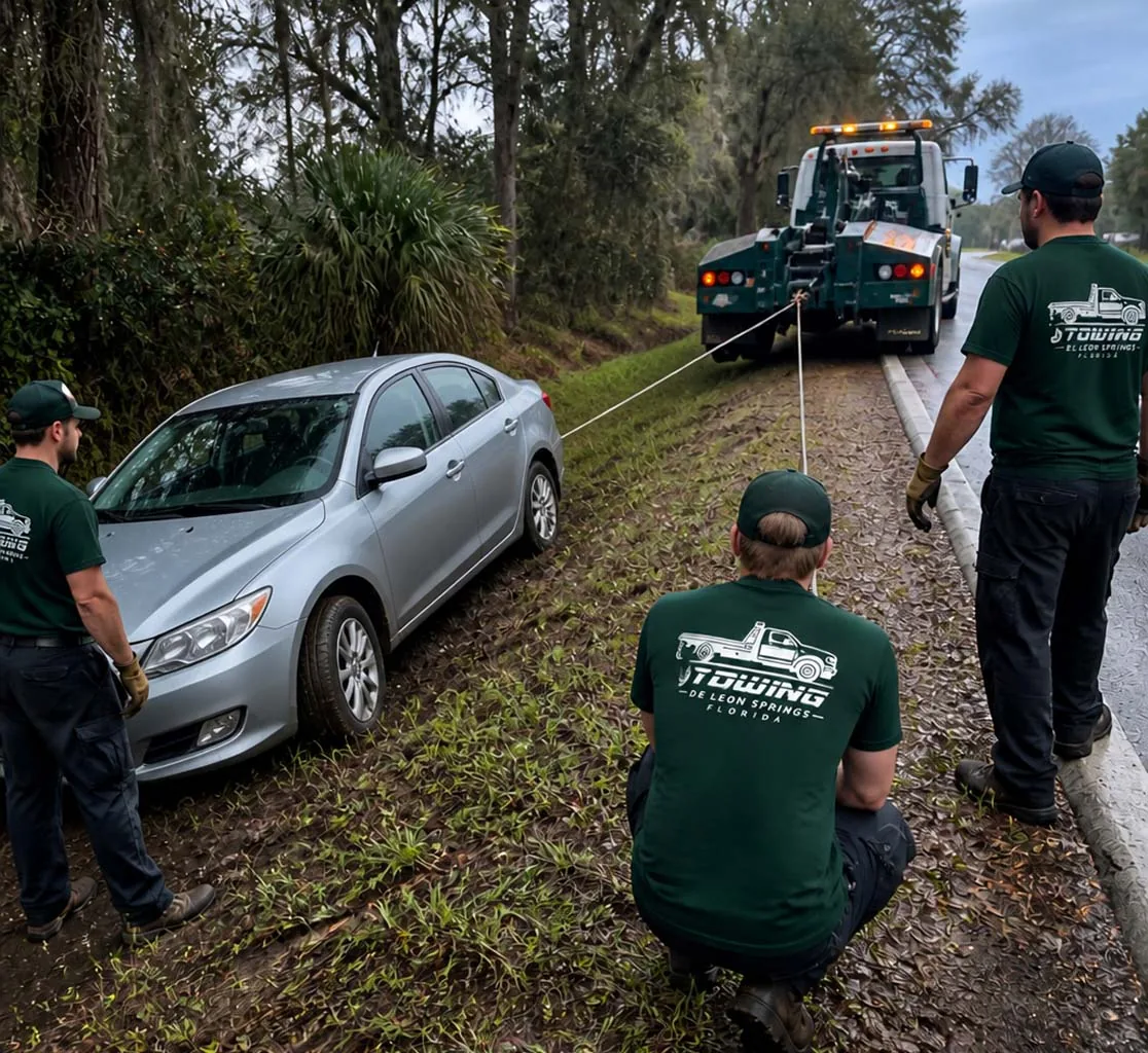 What to Do After a Car Accident in Florida Tow operator winching a car after an accident on a west Volusia roadside near De Leon Springs